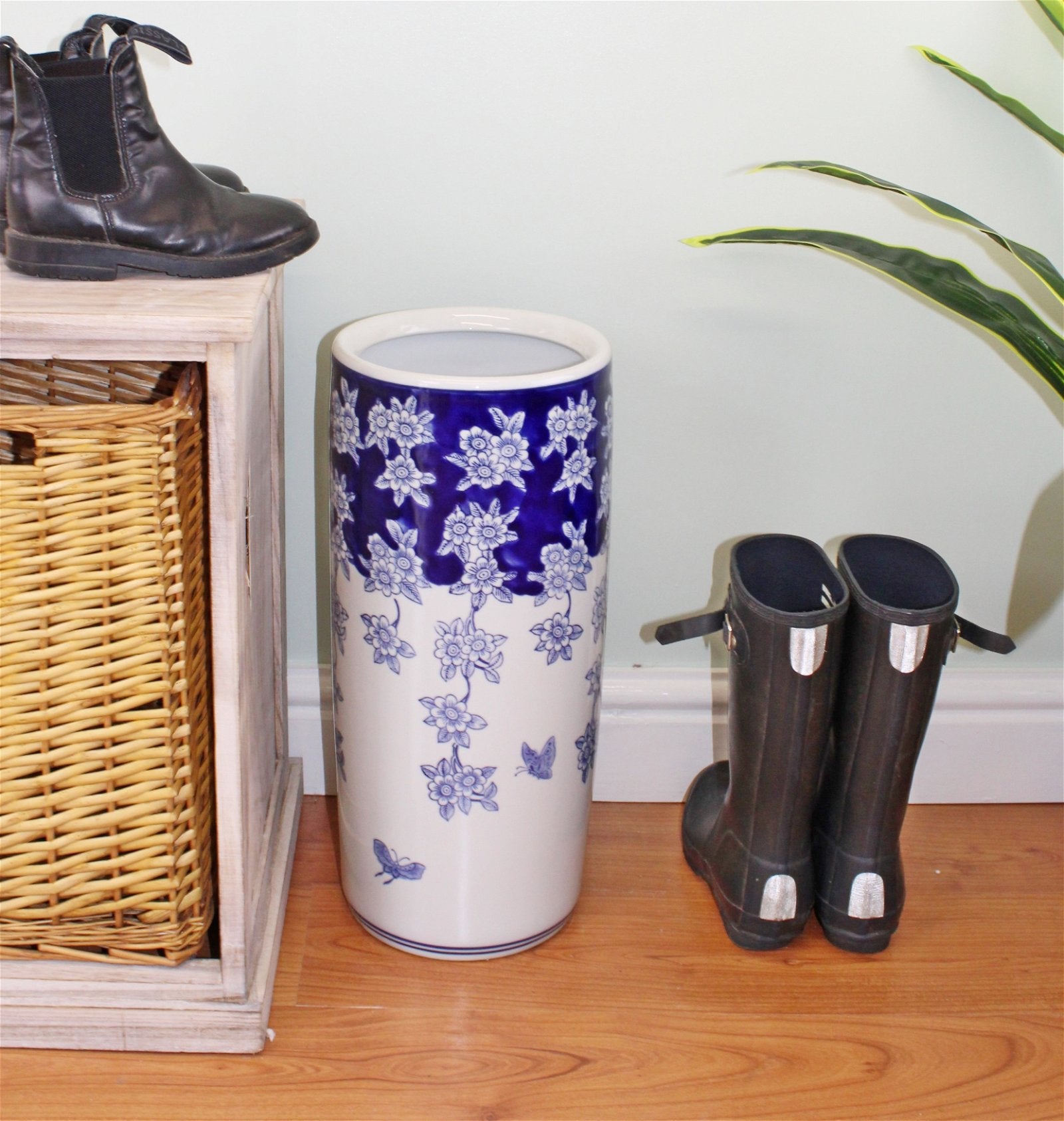 Umbrella Stand, Vintage Blue & White Flowers and Butterfly Design-1