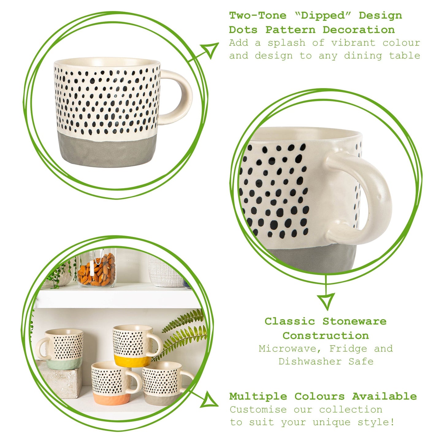 385ml Grey Colour Block Spot Portuguese Stoneware Coffee Mugs - Pack of Six