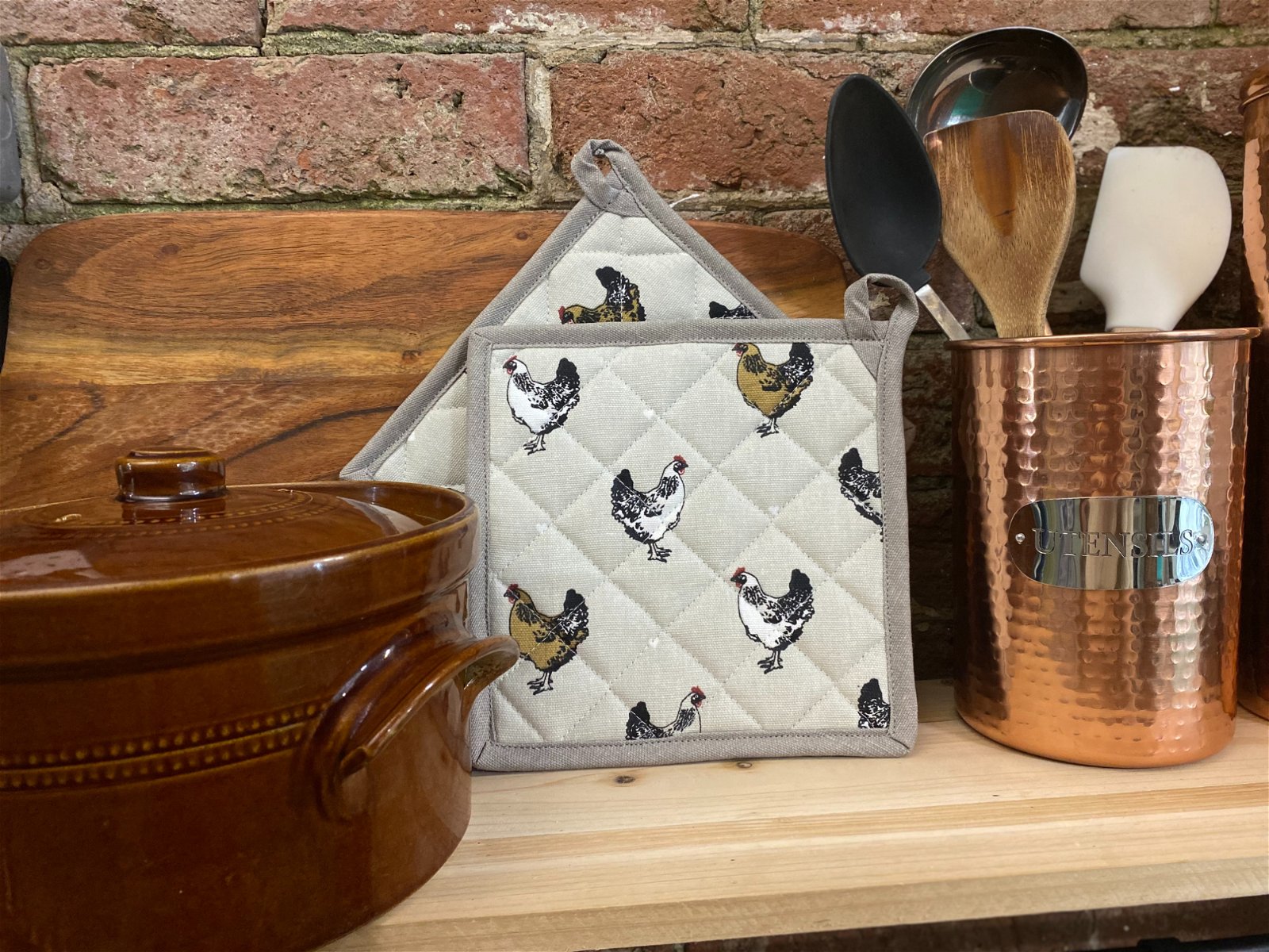 Two Pot Holders With A Chicken Print Design-2