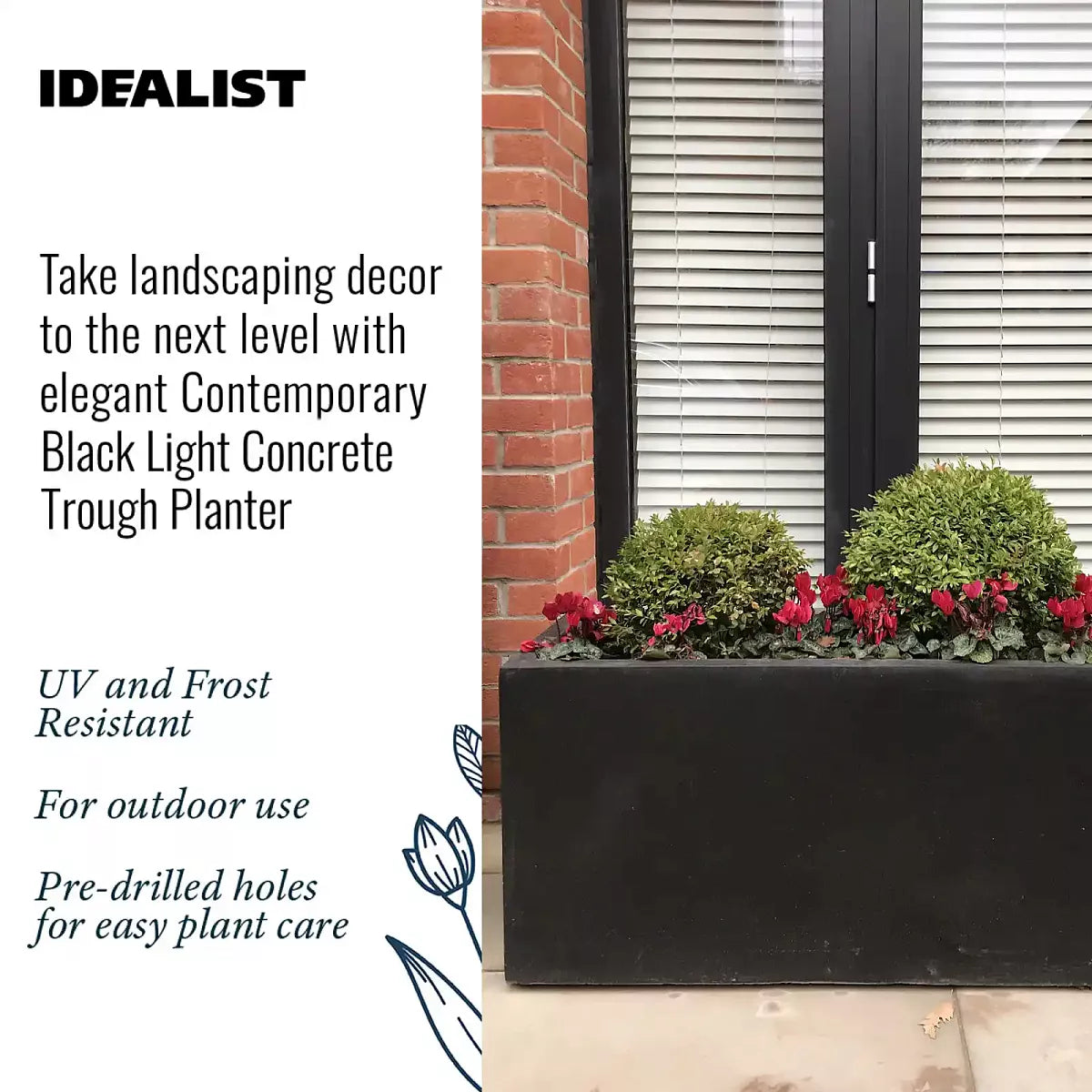 IDEALIST Lite Contemporary Trough Garden Planter, Light Concrete Outdoor Plant Pot H30 L65 W19 cm, 37L