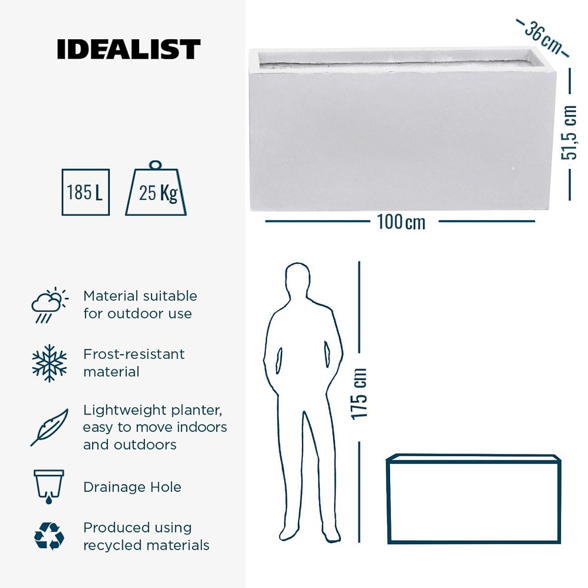 IDEALIST Lite Contemporary Trough Garden Planter, Light Concrete Outdoor Large Plant Pot H51.5 L100 W36 cm, 185L