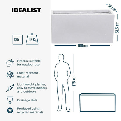 IDEALIST Lite Contemporary Trough Garden Planter, Light Concrete Outdoor Large Plant Pot H51.5 L100 W36 cm, 185L