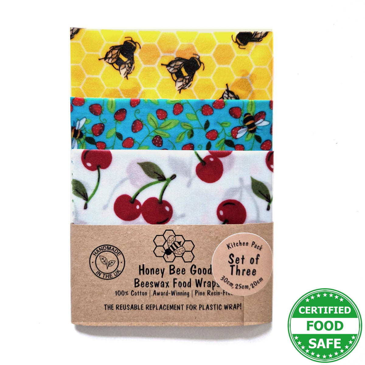 Set of 3 Handmade Beeswax Wraps | Bees & Cherries