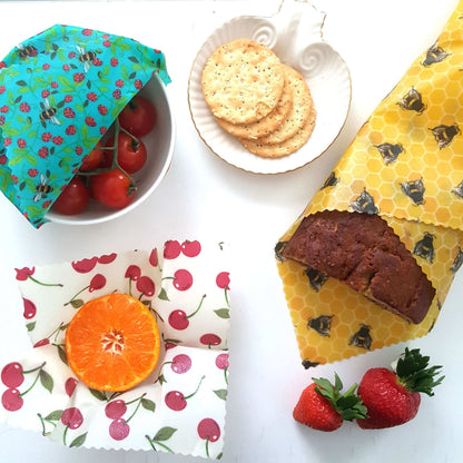 Set of 3 Handmade Beeswax Wraps | Bees & Cherries