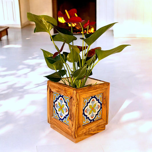 Olive Wood Handmade Wooden Planter with Tiles/Indoor and Outdoor Flower Box/Home and Garden