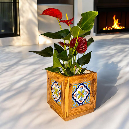 Olive Wood Handmade Wooden Planter with Tiles/Indoor and Outdoor Flower Box/Home and Garden