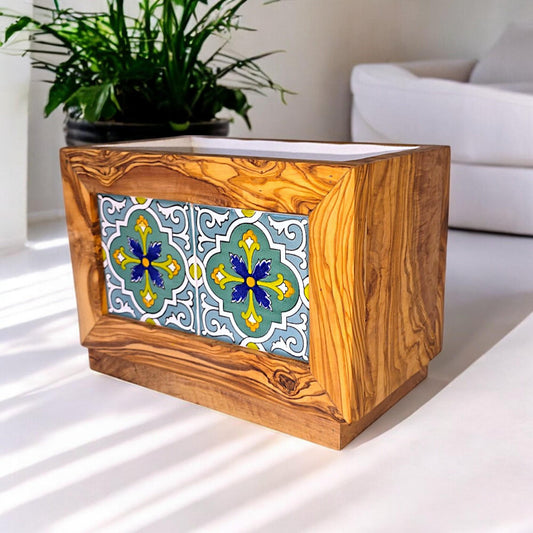 Olive Wood Handmade Wooden Planter with Tiles/Indoor and Outdoor Flower Box/Home and Garden