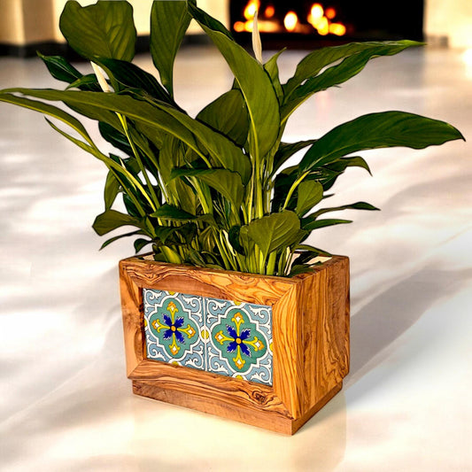 Olive Wood Handmade Wooden Planter with Tiles/Indoor and Outdoor Flower Box/Home and Garden