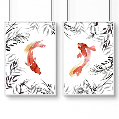 Koi fish Japanese art | set of 2 wall art prints for office decor