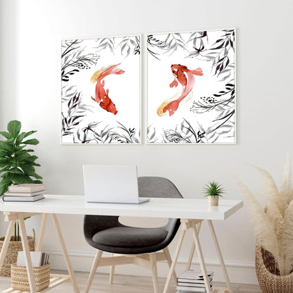 Koi fish Japanese art | set of 2 wall art prints for office decor