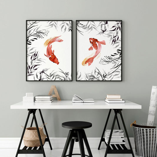 Koi fish Japanese art | set of 2 wall art prints for office decor